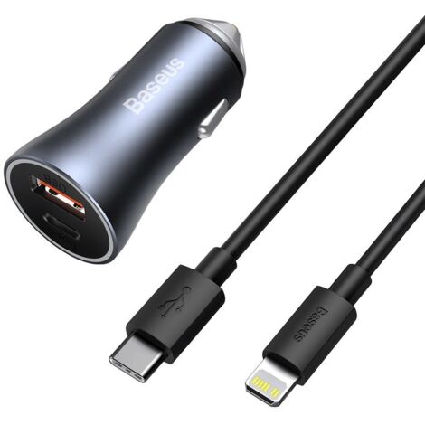 Schnelles USB-C-Autoladegerät USB 40W PD QC SCP FCP AFC + USB-C-Kabel - Lightning Gray