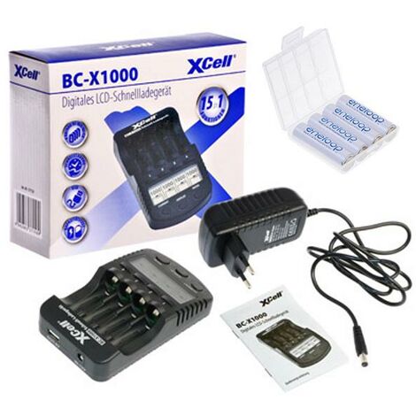 Schnellladegerät mit LCD-Display + 4x eneloop AA Mignon + Akkubox