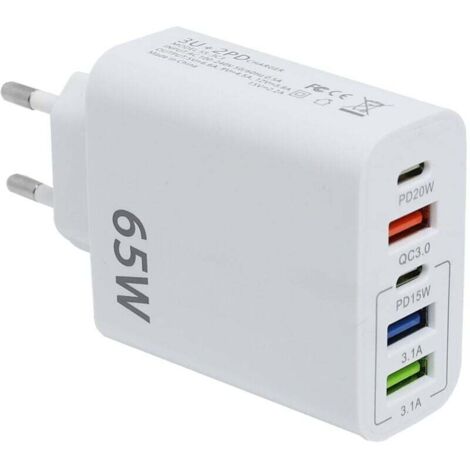 Schnellladegerät mit USB-C-Anschluss, 65 W, 5-Port-Multi-USB-Adapter, QC3.0-Schnellladegerät für iPhone 14/13/12/11/XS/X, Samsung Galaxy S23, S22, S21
