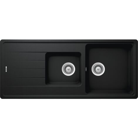Schock – Évier granit noir 2 bacs 1 égouttoir – Pose à encastrer – Bonde et siphon inclus – Réversible – Dimensions 1160x500mm
