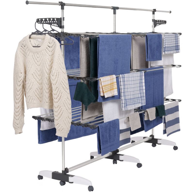 Séchoir à linge vertical pliable 3 niveaux supra capacité 50M avec tringle télescopique blanc et gris