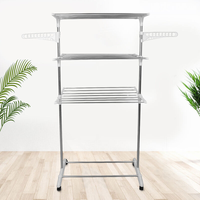 Séchoir à linge en acier inoxydable étendoir pliable H.158 cm Séchoir pliable à 3 niveaux, Blanc