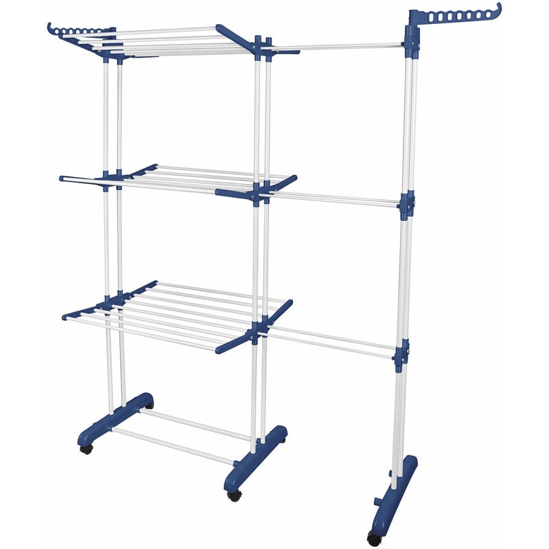 Séchoir à Linge Pliable Debout Peu Encombrant 3 Niveaux Grand Espace de Séchage 6 Roues pour l'intérieur et l'extérieur Bleu Blanc