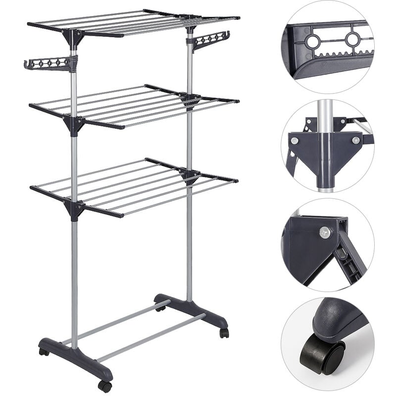 Séchoir à linge pliant en forme d'aile à trois couches, gris 7256152cm