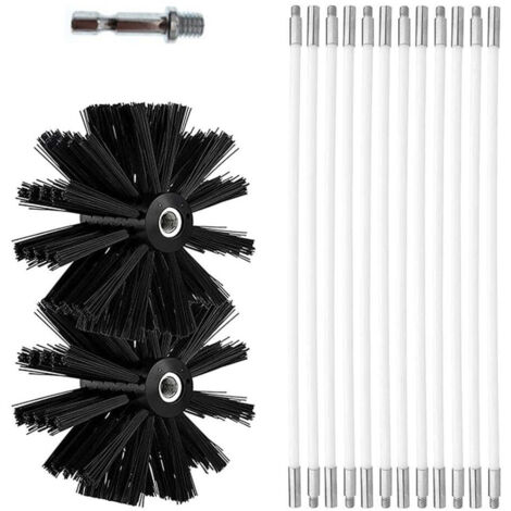 Schornsteinreinigungsbürsten-Set, Schornsteinbürsten-Set Ø100mm für 12 flexible Stangen à 410 mm und 2 Bürstenköpfe