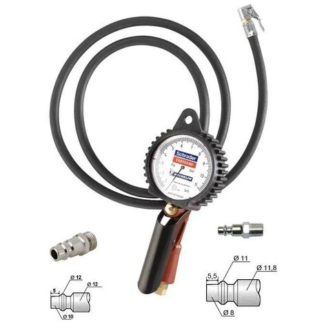 Schrader – Pistolet manomètre poignée de gonflage – Tuyau 7 x 13 mm, longueur 1,5 m – Échelle de 0,7 à 11 bars – Poignée anti-pincement