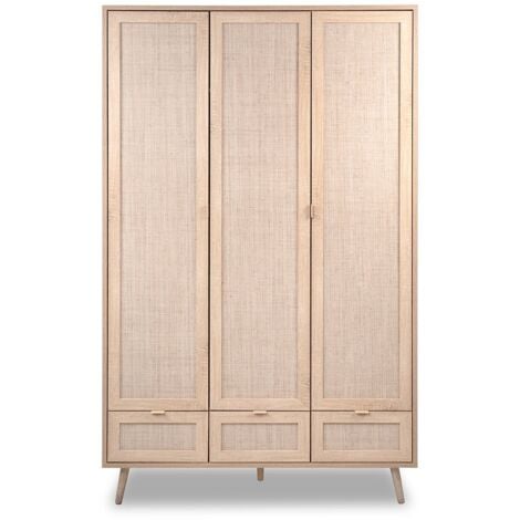 CALICOSY Schrank mit 3 Türen, 3 Schubladen, 2 Kleiderstangen L120cm - Rattan-Druck - Bali