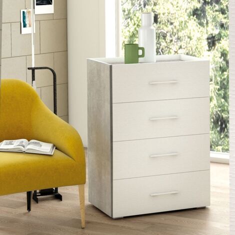 Schrank mit 4 Schubladen, Metallführungen und Oberseite mit Behälterschale aus weißem Beton vorne