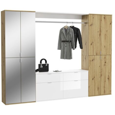 Schrank mit 8 Türen, 4 Spiegeln, 4 Schubladen und einer Kleiderstange – Weiß und Eiche – BODITE