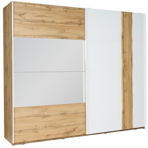 Schrank Wood mit 2 Schiebetüren und Spiegel, in Eichen- und Weißfarbe