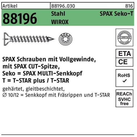 Schraube R 88196 Seko Spitze/T-STAR VG 8x300-T40 Sta galv.verz. WIROX 50St. SPAX