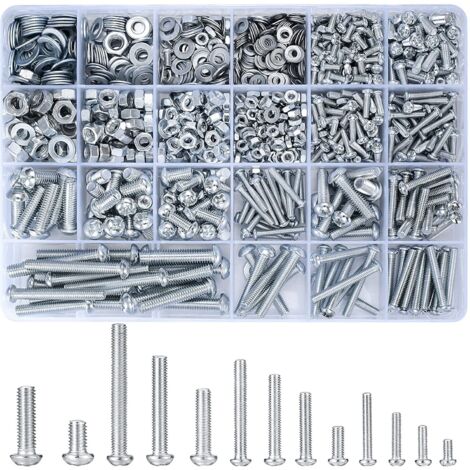 Schrauben-, Bolzen- und Mutternsortierset, silber, 1080-teilig, Satz Phillips-Schlitzschrauben mit Rundkopf M3/M4/M5/M6
