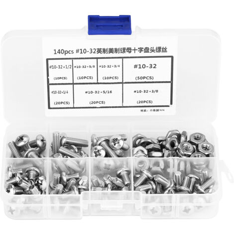 Schrauben- und Mutternset – 140-teilig, 10-32, Edelstahl 304, PH-Flachkopf – Heimwerker- und Reparaturset