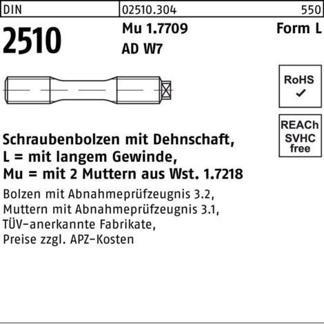 Schraubenbolzen DIN 2510 Dehnschaft/2Muttern LM 16x 90 Mu 1.7709 1 Stück