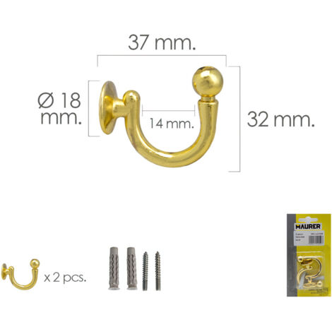 Schraubhaken aus Messing 37 mm. Mit Dübeln und Schrauben (Blister 2 Stück)