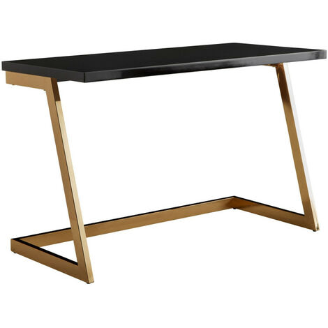 Schreibtisch 120x55x76 cm Hochglanz Schwarz / Gold PC-Tisch mit Metallbeine