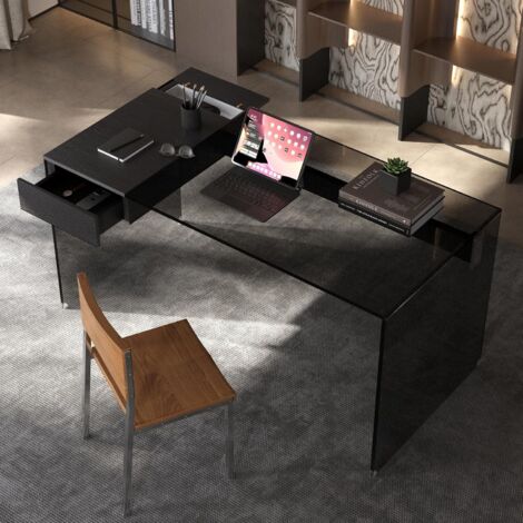 Schreibtisch aus Einscheiben-Sicherheitsglas (ESG) mit Schubladen,schwarz,130cm