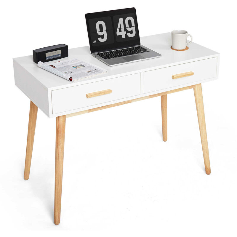 Schreibtisch, Computertisch mit 2 Schubladen, Holz, moderner einfacher Stil, für Arbeitszimmer, Schlafzimmer und Büro, 100 x 48 x75cm,Weiß-Meerveil
