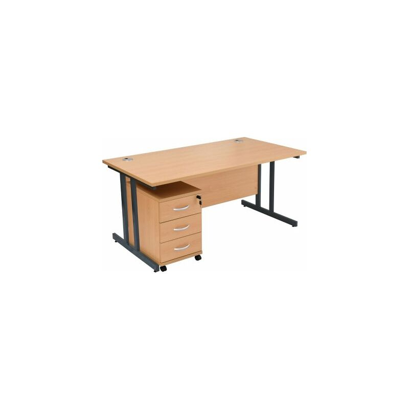 Certeo - Schreibtisch Deluxe | BxT 1200 x 800 mm | Rollcontainer mit 3 Schubladen | - Buche | Graphit Rahmen
