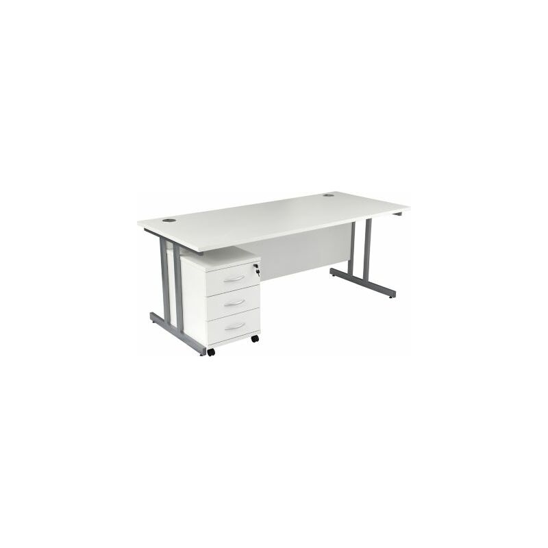 Schreibtisch Deluxe | BxT 1200 x 800 mm | Rollcontainer mit 3 Schubladen | - Weiß | Silberner Rahmen