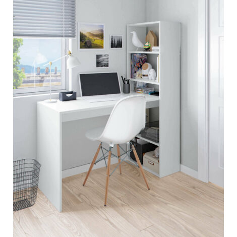 Schreibtisch Denton, Wendeschreibtisch mit Bücherregal mit 5 Böden, Studier- oder Bürotisch für PC-Buchhalter, cm 120x53h144, Weiß