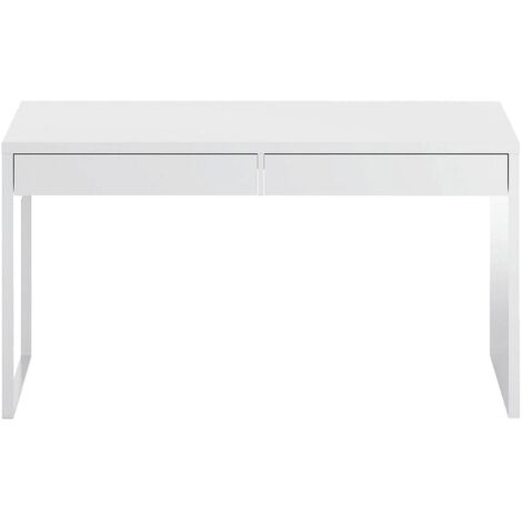 Schreibtisch Houston, Wendbarer Bürotisch, PC-Halter Studiertisch mit 2 Schubladen, cm 138x50h75, Glänzend weiß