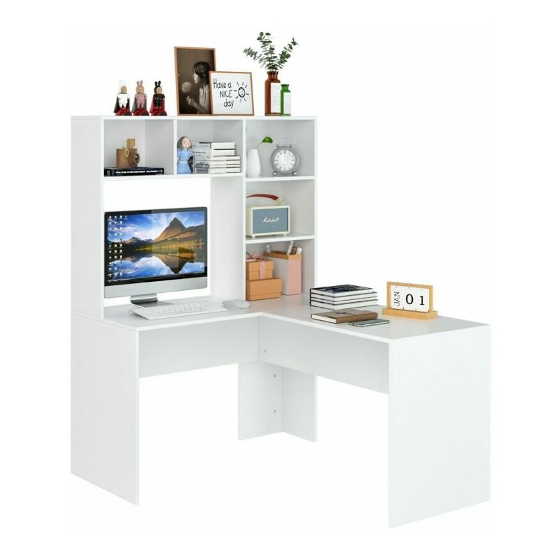 Schreibtisch L-förmiger Computertisch Eckschreibtisch mit Regal PC Tisch Arbeitstisch Bürotisch Holz Morden Weiß 142.5x107.8x124.7cm