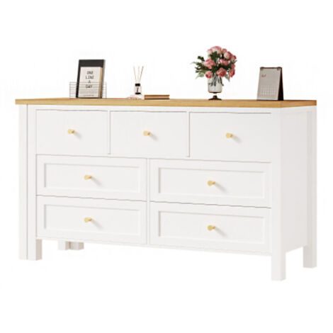 Schreibtisch mit 7-Schubladen Kommode -2-in-1 Drehwerkbank und Sideboard, Eichenoptik, 360° drehbare Tischplatte, weiß / natur, Schreibtisch, Frisiertisch, L-förmiger Eckschreibtisch