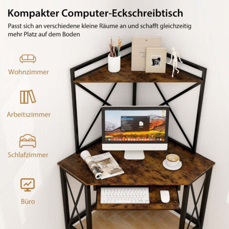 Schreibtisch mit ladestation eck computertisch mit tastaturablage 2 ablagen 113 x 75 x 145 cm rustikales braun schwarz