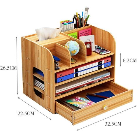 Schreibtisch-Organizer aus Holz mit Stifthalter, Büroschubladen für Zuhause und Schule, 32,5 x 26,5 x 22,5 cm, natürliche Farbe