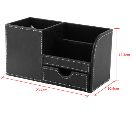 Schreibtisch-Organizer aus Holz und PU-Leder, multifunktionale Aufbewahrungsbox, Stiftehalter, Schwarz, 23,4 x 10,4 x 12,3 cm, 1 Stück