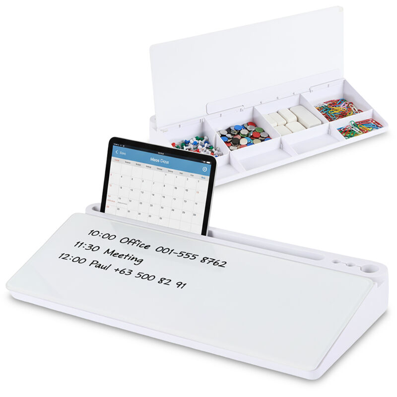 Relaxdays Schreibtisch Organizer Mit Whiteboard, 8 Fächer, Kunststoff, Glas, Hbt, 5, 5 X 40 X 18 Cm, Büro-organizer, Weiß