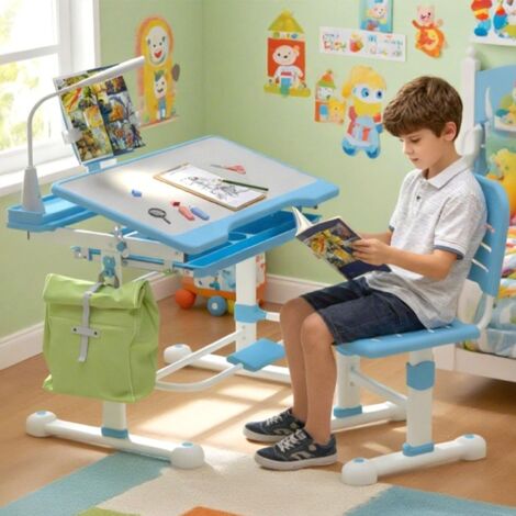 Schreibtisch Set mit Kinderschreibtisch und Stuhl höhenverstellbar 0–45° neigbare Tischplatte mit Schublade und Bücherregal ideal zum Malen und Bastelarbeiten für Kinder 3–12 Jahre Blau