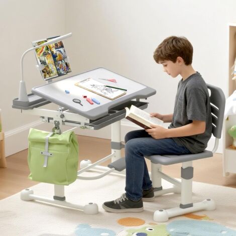 Schreibtisch Set mit Kinderschreibtisch und Stuhl höhenverstellbar 0–45° neigbare Tischplatte mit Schublade und Bücherregal ideal zum Malen und Bastelarbeiten für Kinder 3–12 Jahre Grau