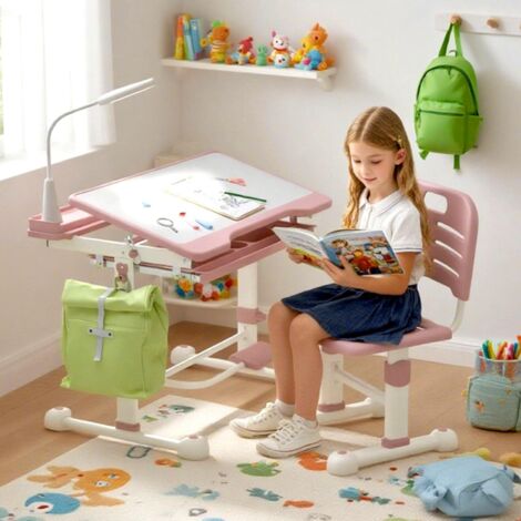 Schreibtisch Set mit Kinderschreibtisch und Stuhl höhenverstellbar 0–45° neigbare Tischplatte mit Schublade und Bücherregal ideal zum Malen und Bastelarbeiten für Kinder 3–12 Jahre Rosa
