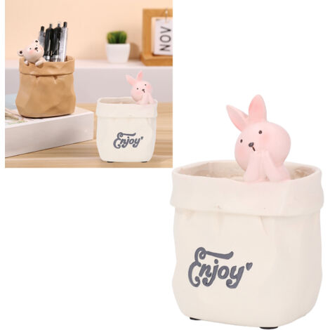 Schreibtischaccessoire aus Kunstharz, Stiftehalter, Miniaturtöpfe mit Sukkulenten, niedliches Kaninchen in einer Einkaufstasche, Deko für Zuhause oder Büro, Geschenkidee