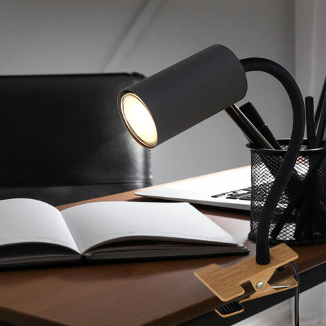 Schreibtischlampe klemmbar Schwanenhals Leselampe Bett Klemme Klemmleuchte Schreibtisch, Kunststoff Metall Holzoptik graphit, 1x GU10, LxBxH 29x10x41,5 cm