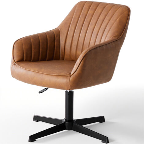 Schreibtischstuhl Ohne Rollen, Bürostuhl Vintage PU Stoff, Höhenverstellbar Schminktisch Stuhl, Drehstuhl Kinder, Bis 135 kg Belastbar Desk Chair, für Arbeitszimmer, Schlafzimmer, Braun