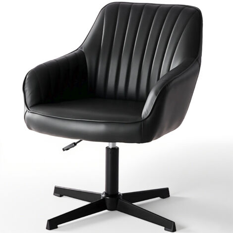 Schreibtischstuhl Ohne Rollen, Bürostuhl Vintage PU Stoff, Höhenverstellbar Schminktisch Stuhl, Drehstuhl Kinder, Bis 135 kg Belastbar Desk Chair, für Arbeitszimmer, Schlafzimmer, Schwarz