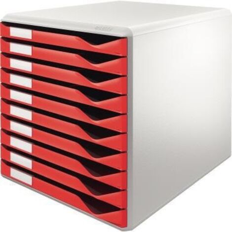 Schubladenbox 10 Schubladen DIN A4 Überbreite Polystyrol Gehäusefarbe: lichtgrau Farbe der Schublade: rot