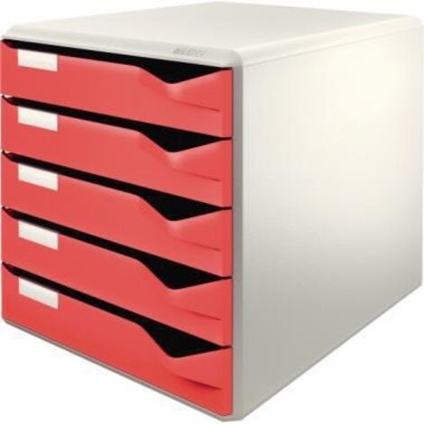 Schubladenbox 5 Schubladen DIN A4 Überbreite Polystyrol Gehäusefarbe: lichtgrau Farbe der Schublade: rot