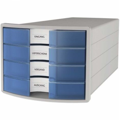 Schubladenbox IMPULS 4 Schubladen DIN A4 DIN C4 Polystyrol Gehäusefarbe: lichtgrau Farbe der Schublade: blau transluzent