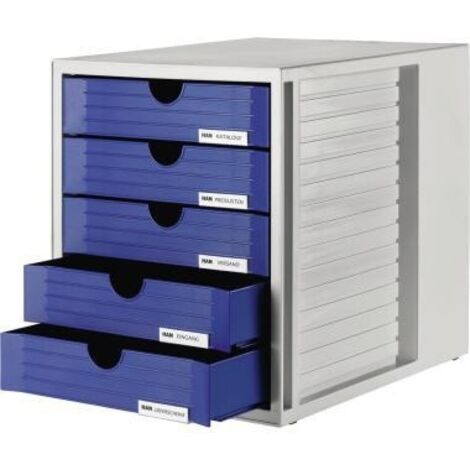 Schubladenbox SYSTEMBOX 5 Schubladen DIN C4 Polystyrol Gehäusefarbe: lichtgrau Farbe der Schublade: blau