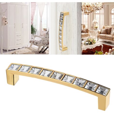Schubladengriff mit Kristallen – Modernes Golddesign – Zinklegierung, 96 mm Lochabstand – 107 x 20 x 13 mm – Inkl. 2 Schrauben – Doppellochgriff