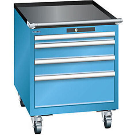 Schubladenschrank, Traglast/Schubl.: 75 kg, fahrbar, 4 Schubladen: 50, 2x100, 200 mm, Zylinderschloss, BxTxH 564x725x723 mm, RAL 5012