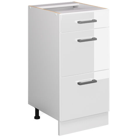 Schubladenunterschrank R-Line 40 cm Weiß/Weiß Hochglanz modern 3 Schubladen Vicco
