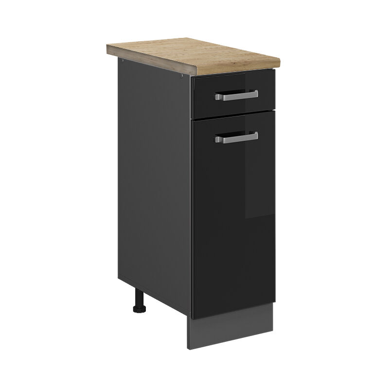 Vicco - Küchenunterschrank R-line, Schwarz Hochglanz, 30 Cm , Ap Eiche