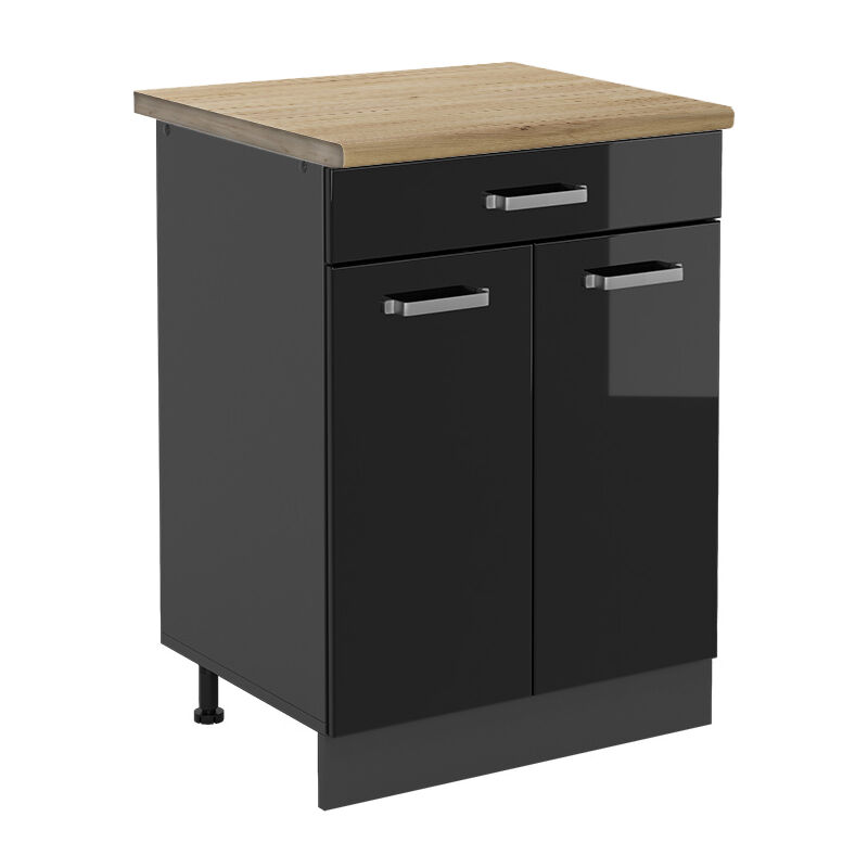 Vicco - Küchenunterschrank R-line, Schwarz Hochglanz, 60 Cm , Ap Eiche