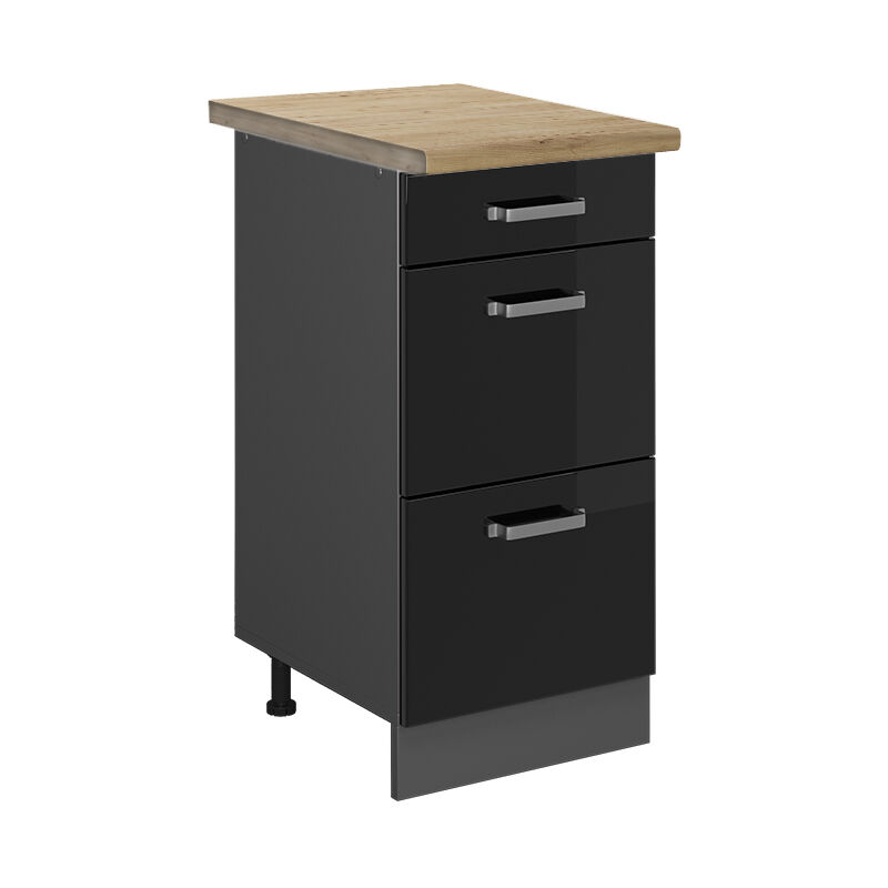 Vicco - Küchenunterschrank R-line, Schwarz Hochglanz, 40 Cm Mit Schubladen, Ap Eiche