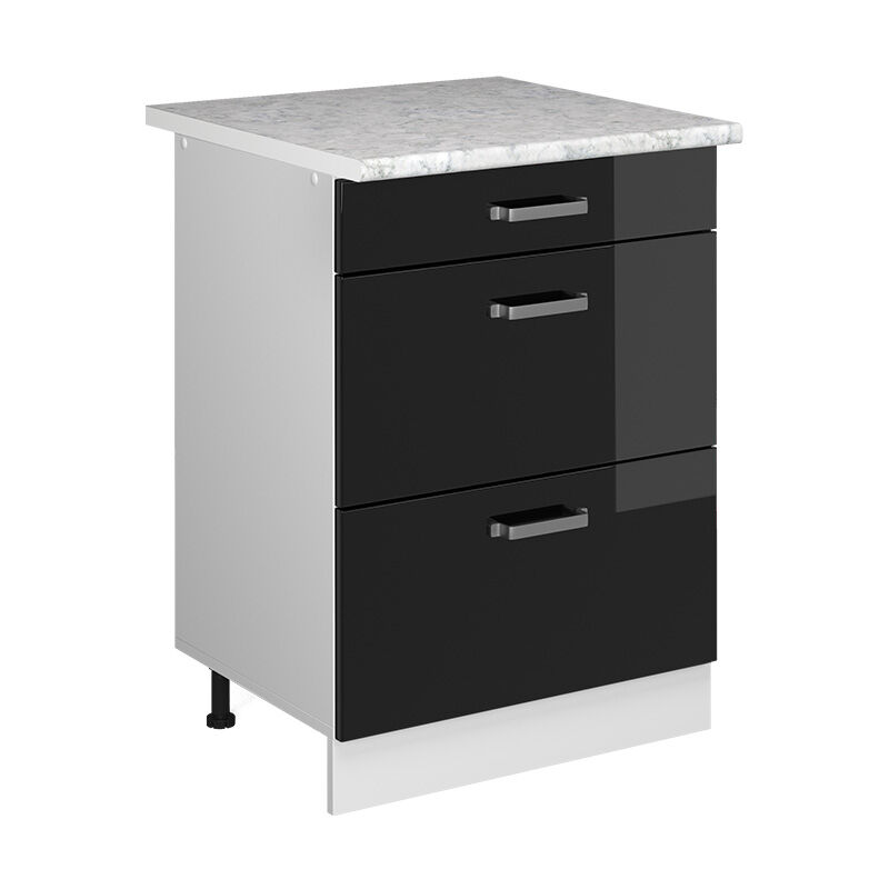 Vicco - Küchenunterschrank R-line, Schwarz Hochglanz, 60 Cm Mit Schubladen, Ap Marmor